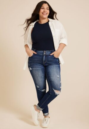Plus Size KanCan&trade; Curvy Mid Rise Ripped Cuffed Hem Skinny Jean