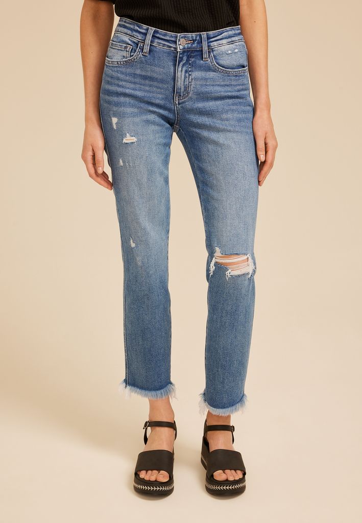 Flying Monkey™ Mid Rise Frayed Hem Slim Straight Ankle Jean