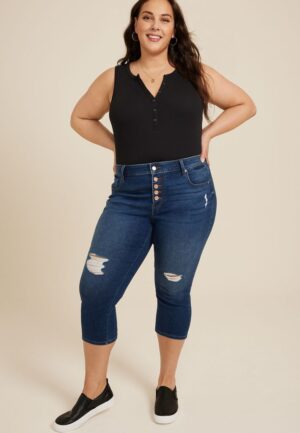 Plus Size m jeans by maurices&trade; Dark High Rise Button Fly Capri