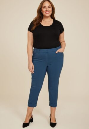 Plus Size Bengaline Mid Rise Cuffed Straight Cropped Dress Pant