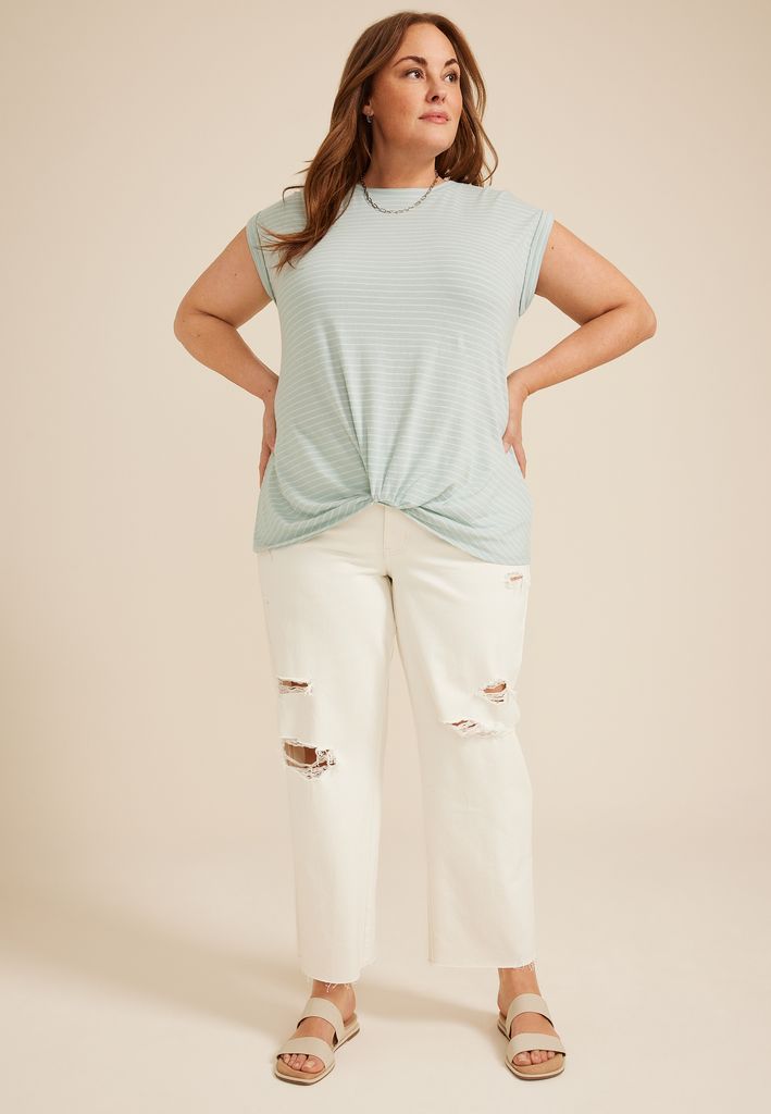 Plus Size 24/7 Austin Striped Knot Hem Short Sleeve Tee - Image 3