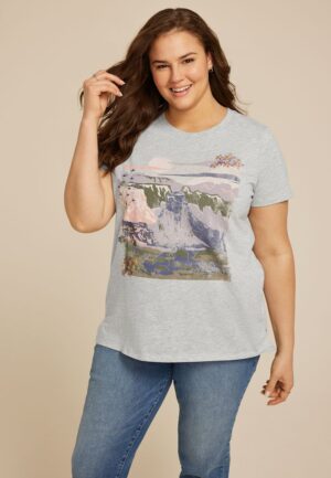Plus Size Mountain Floral Embroidered Classic Fit Graphic Tee