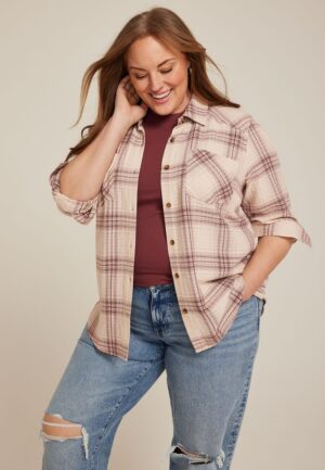 Plus Size Pucker Plaid Button Down Shirt