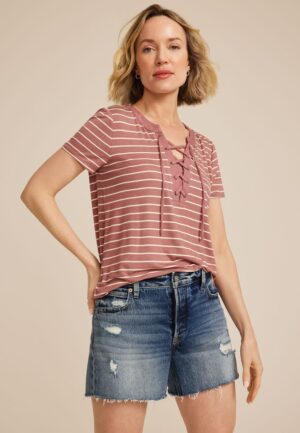 Striped Lattice Front Short Sleeve Tee