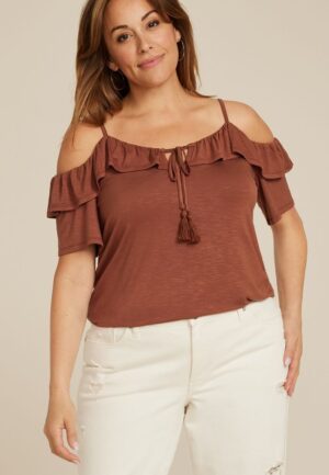 Plus Size Front Tie Cold Shoulder Top