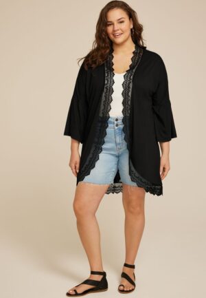 Plus Size Crochet Trim Curved Hem Kimono