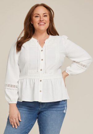 Plus Size Soft White Crochet Trim Tie Front Peplum Top
