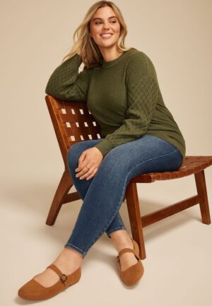 Plus Size Honeycomb Sleeve Crew Neck Sweater