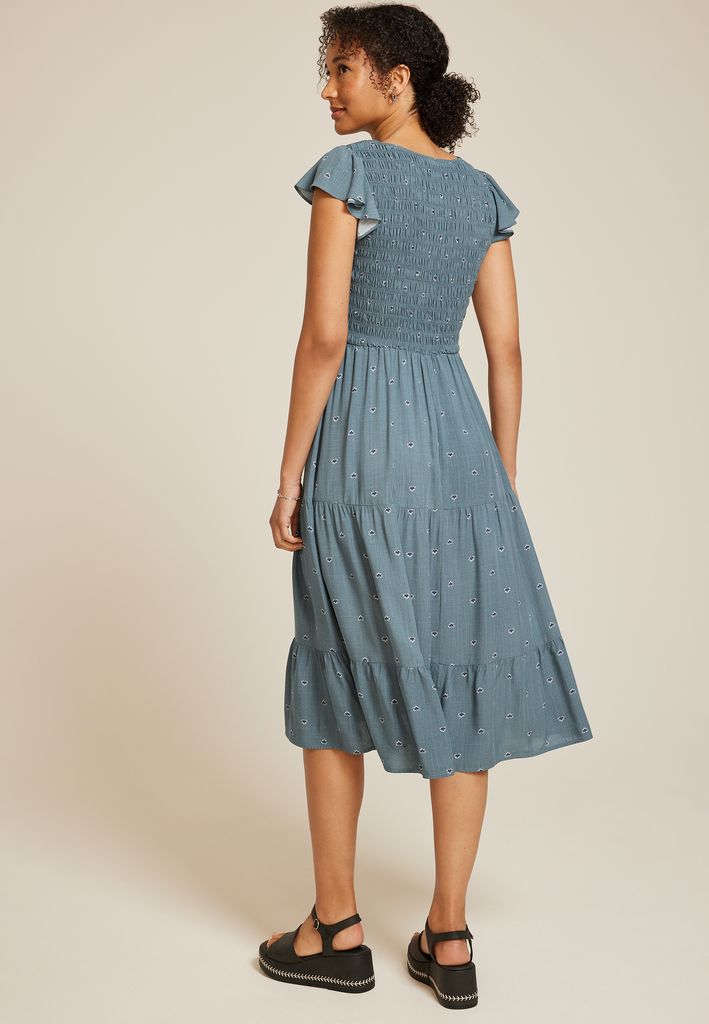 Printed Flutter Sleeve Smocked Midi Dress - Image 2