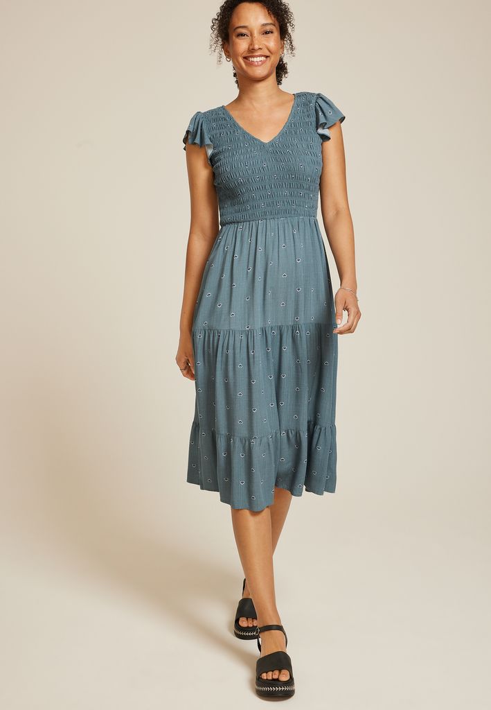 Printed Flutter Sleeve Smocked Midi Dress - Image 3