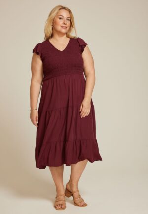 Plus Size Printed Flutter Sleeve Smocked Midi Dress