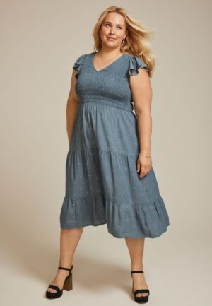 Plus Size Printed Flutter Sleeve Smocked Midi Dress