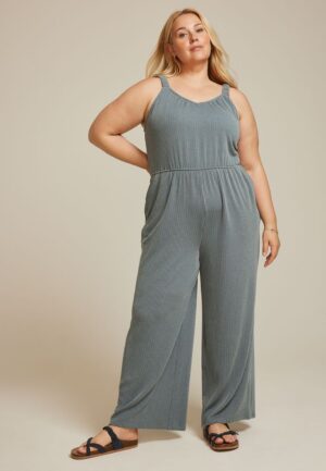 Plus Size Bare Wavy Ribbed Jumpsuit