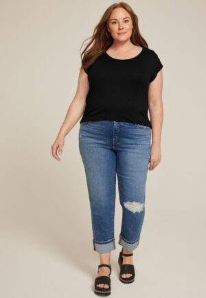 Plus Size Grommet Shoulder Scoop Neck Tee