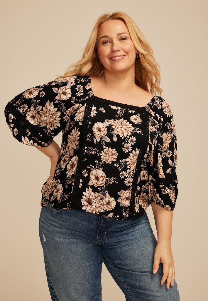 Plus Size Floral Crochet Trim Blouse