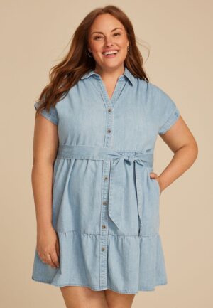Plus Size Denim Tie Waist Short Sleeve Shirt Dress