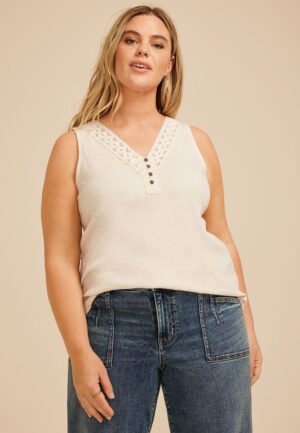 Plus Size Heathered Crochet Yoke Henley Tank Top