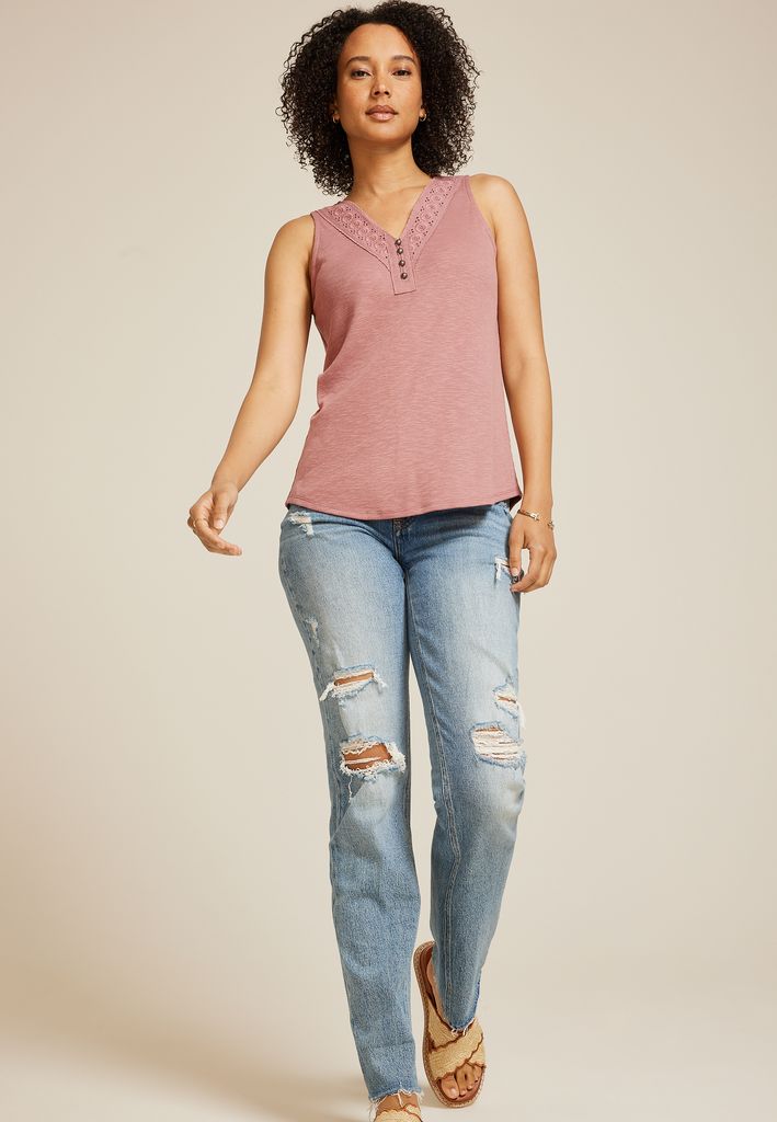 Crochet Yoke Henley Tank Top - Image 3