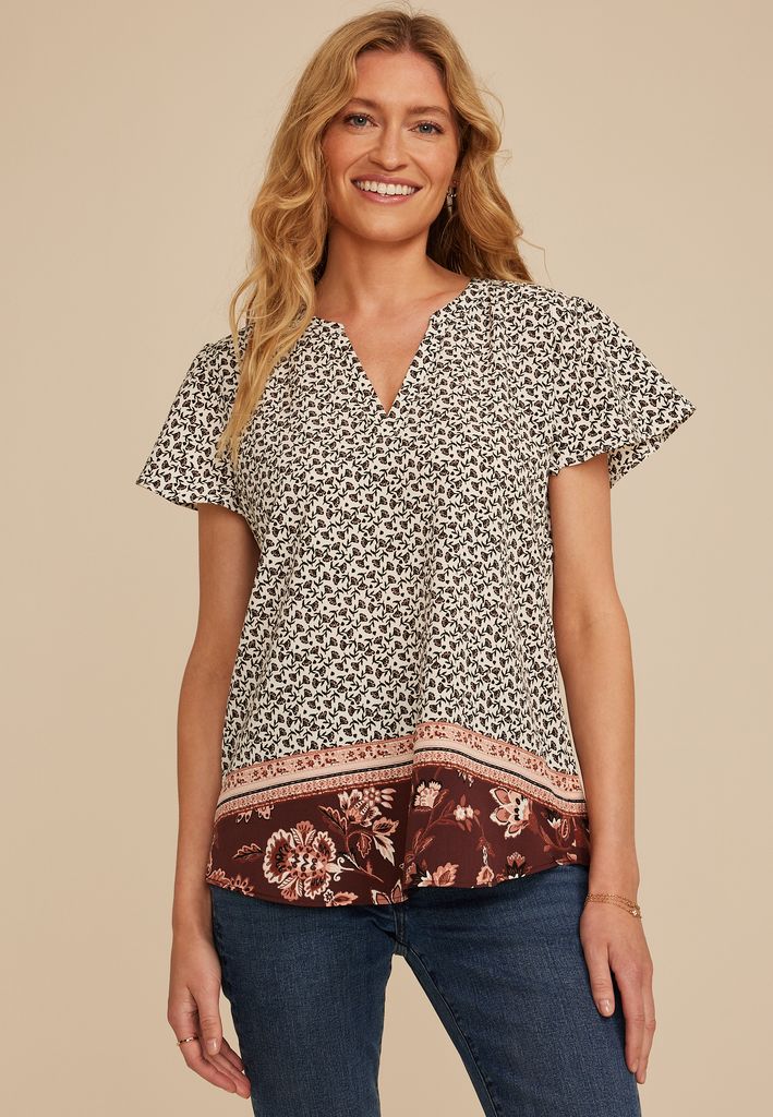 Atwood Floral Border Flutter Sleeve Blouse