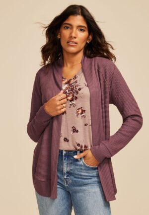 Waffle Knit Curved Hem Cardigan