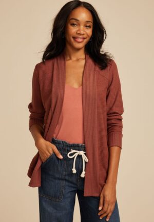 Waffle Knit Curved Hem Cardigan