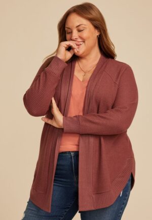 Plus Size Waffle Knit Curved Hem Cardigan