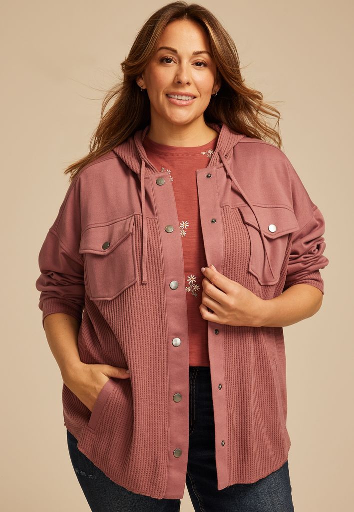 Plus Size Waffle Knit Hooded Shacket