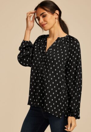 Printed Henley V Neck Blouse