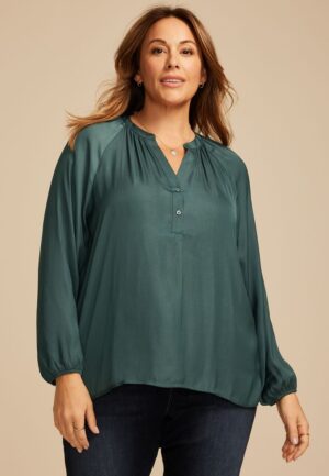 Plus Size Henley V Neck Blouse