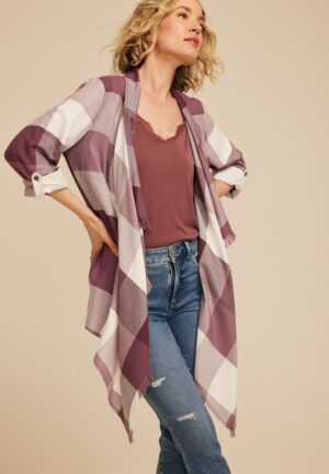Plaid Open Front Waterfall Cardigan