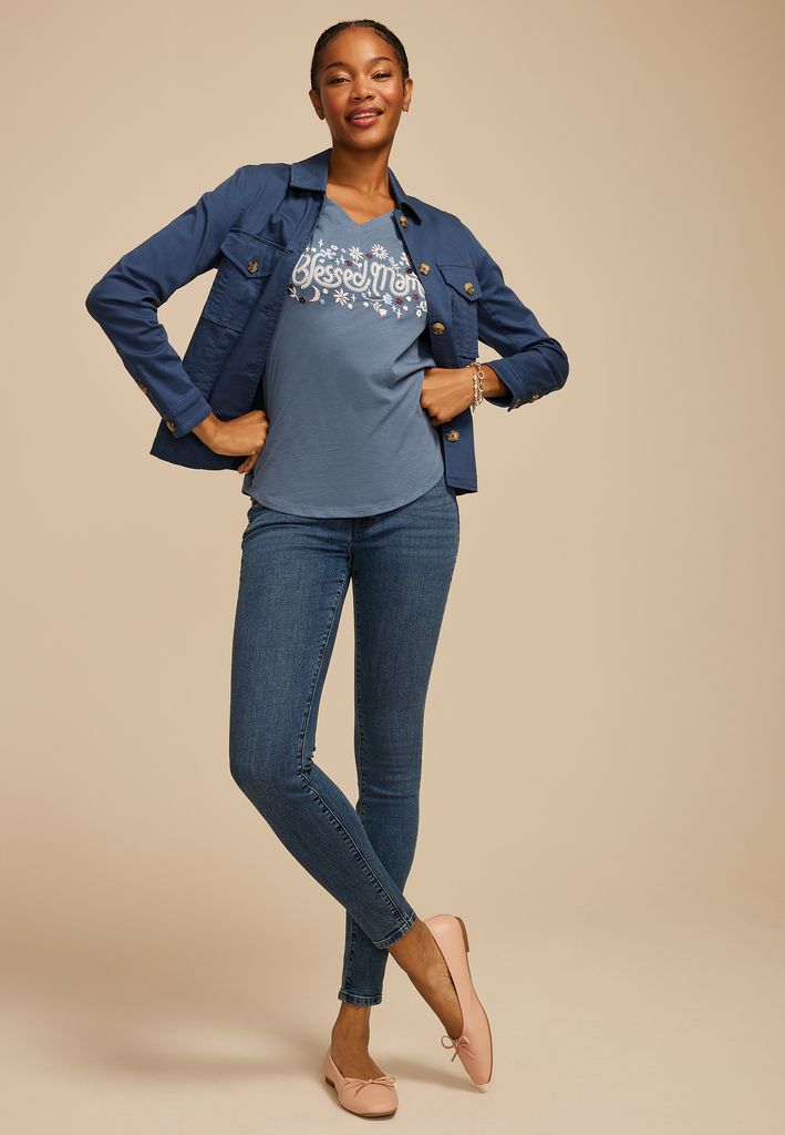 Floral Embroidered Blessed Mama Classic Fit Graphic Tee - Image 3
