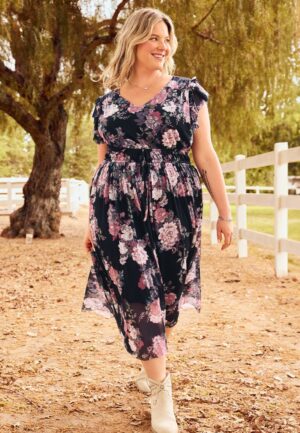 Plus Size Floral Mesh Flutter Sleeve Midi Dress