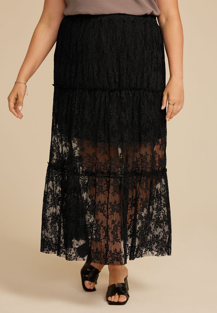 Plus Size Studio Y Black Floral Lace Maxi Skirt