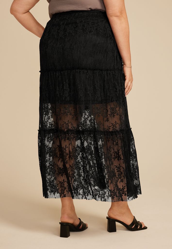 Plus Size Studio Y Black Floral Lace Maxi Skirt - Image 2