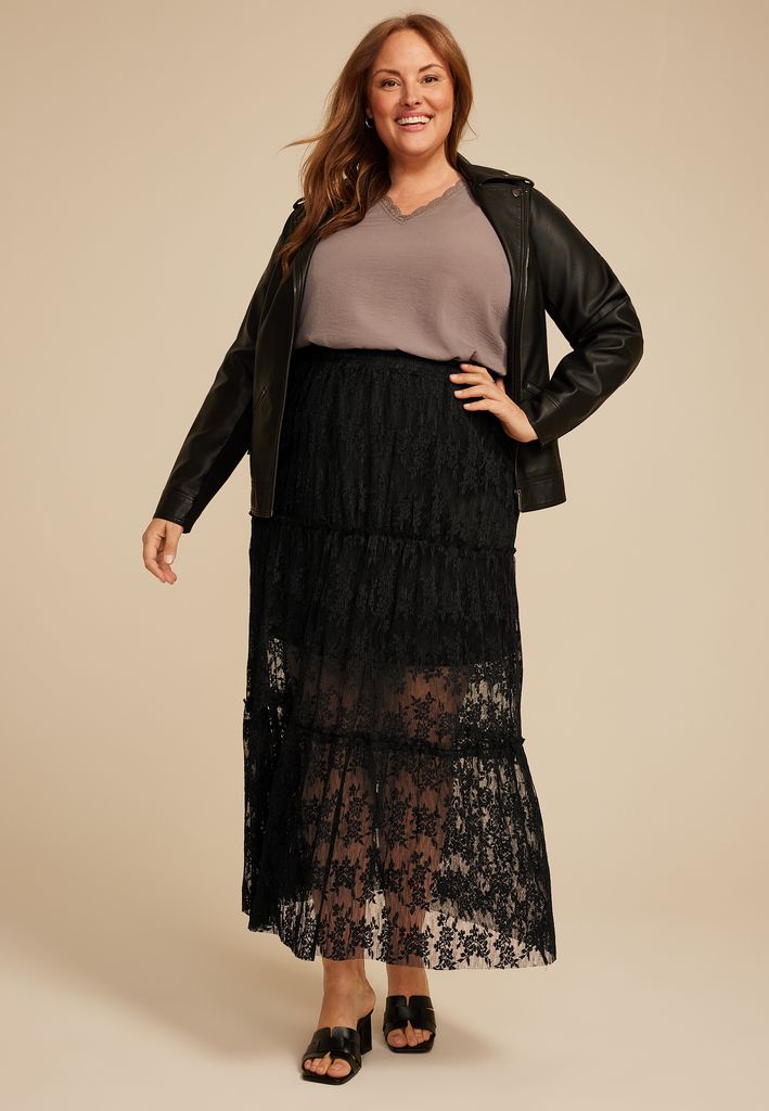 Plus Size Studio Y Black Floral Lace Maxi Skirt - Image 3