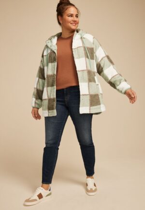 Plus Size Sherpa Plaid Hooded Snap Button Front Jacket