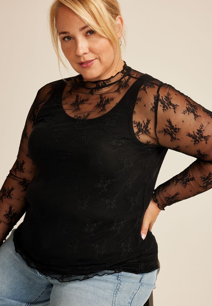 Plus Size Embroidered Floral Sheer Lace Mock Neck Blouse