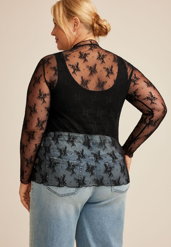 Plus Size Embroidered Floral Sheer Lace Mock Neck Blouse - Image 2