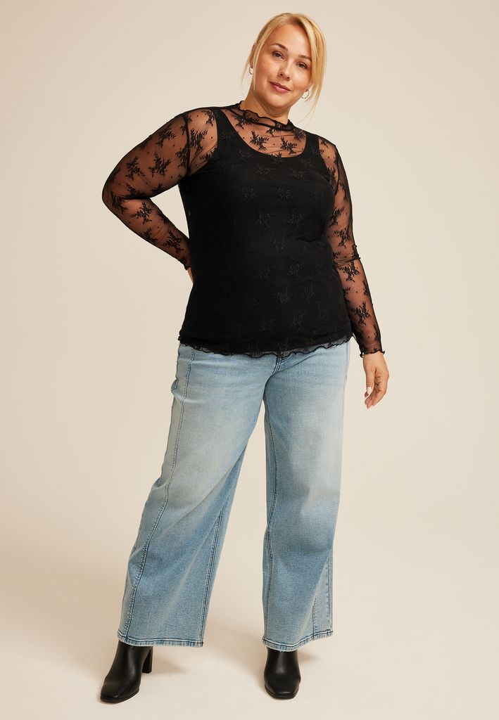 Plus Size Embroidered Floral Sheer Lace Mock Neck Blouse - Image 3