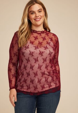 Plus Size Embroidered Floral Sheer Lace Mock Neck Blouse