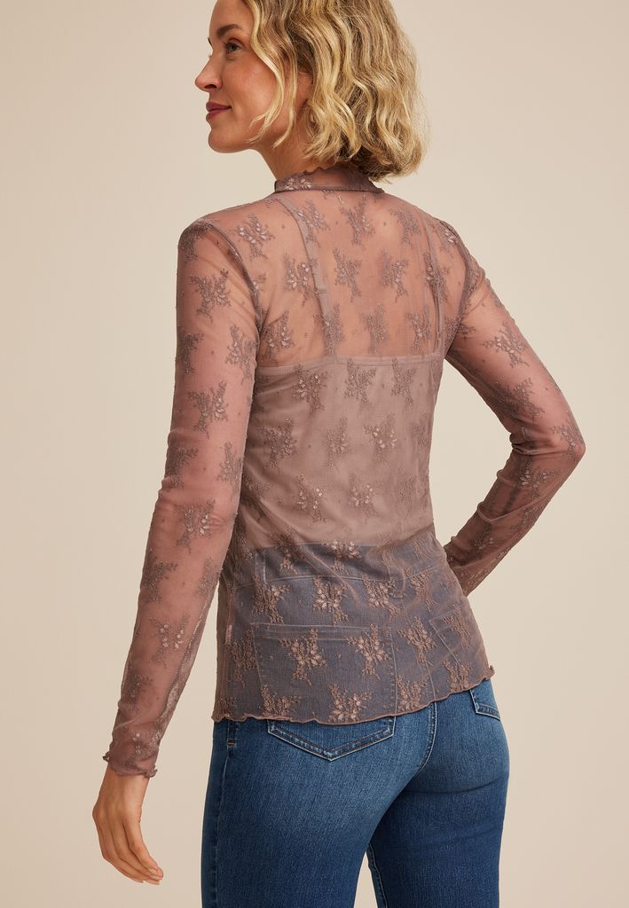 Embroidered Floral Sheer Lace Mock Neck Blouse - Image 2