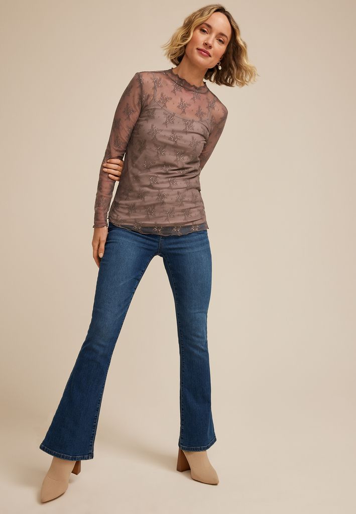 Embroidered Floral Sheer Lace Mock Neck Blouse - Image 3