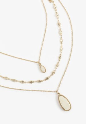 Gold And Cream Oval Stone Pendant Layered Necklace