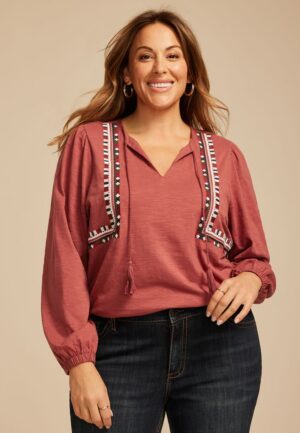 Plus Size Embroidered Long Sleeve Tie Front Blouse