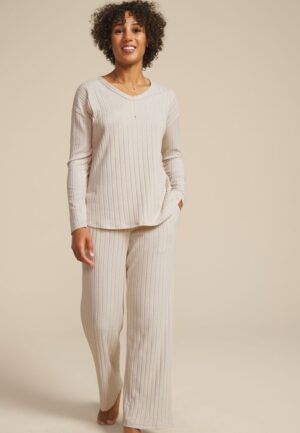 Heathered Cozy Wide Ribbed Long Sleeve Tee And Wide Leg Pajama Set