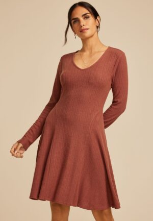 24/7 Textured Knit V Neck Skater Dress