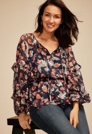 Sheer Floral Tiered Sleeve Blouse