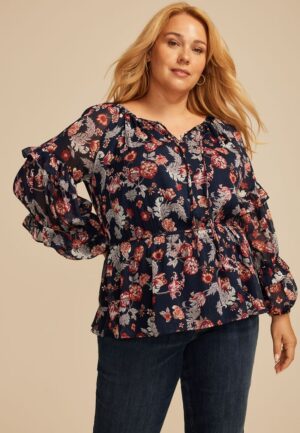 Plus Size Sheer Floral Tiered Sleeve Blouse