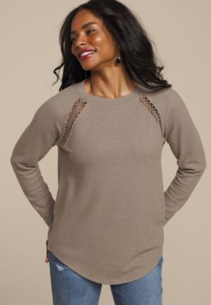 Crochet Trim Waffle Knit Long Sleeve Tee