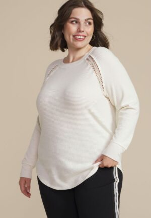 Plus Size Crochet Trim Waffle Knit Long Sleeve Tee